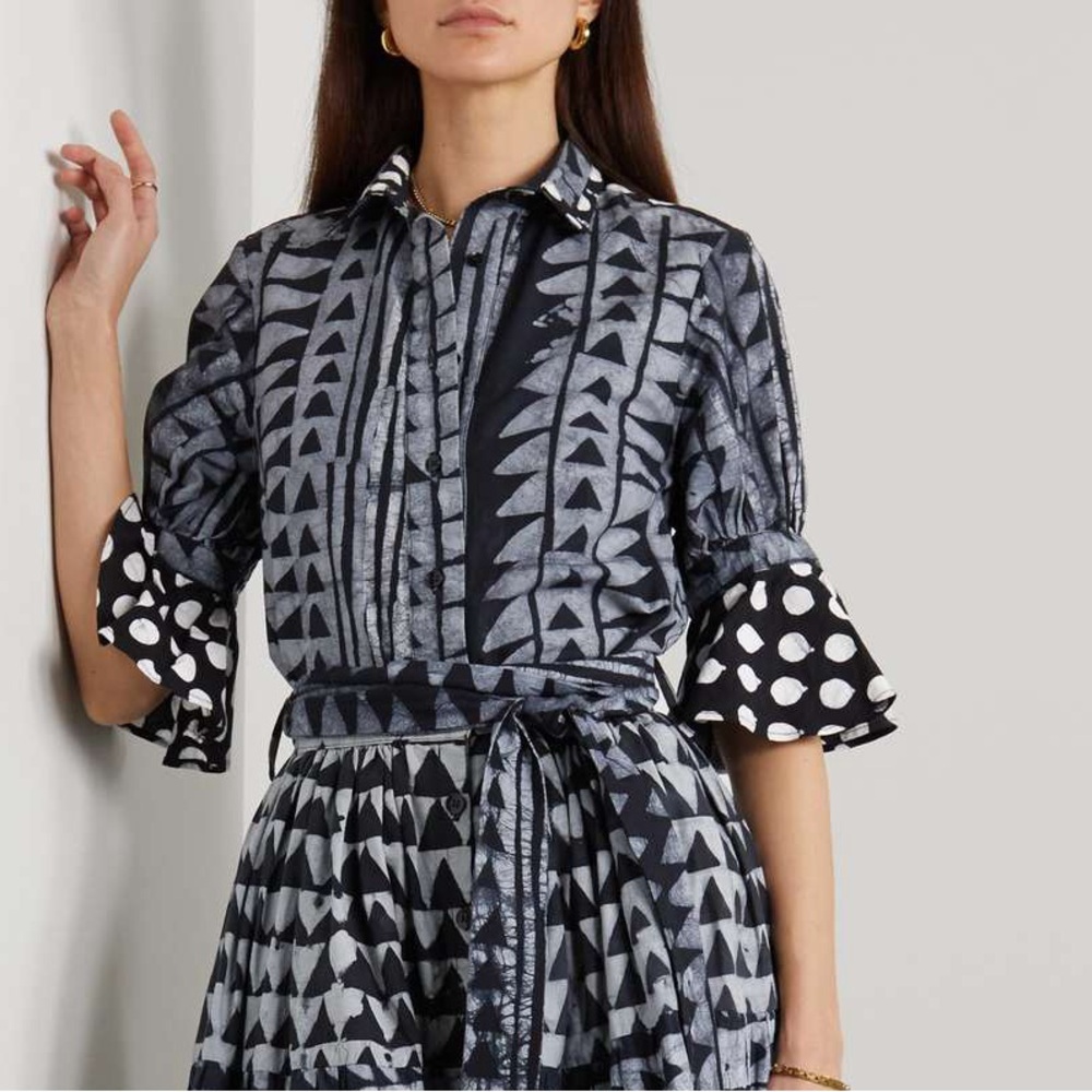 Studio 189 Womens Hand-Batik Cotton Ruffle Cuff Shirt Sz Medium Gray Black Print